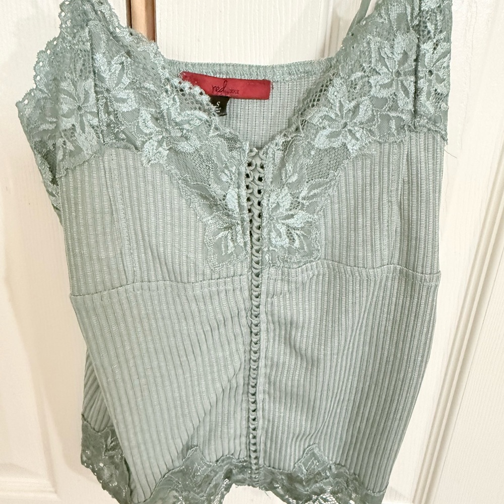 BKE Sage Green Lace Trim Ribbed Tank Top